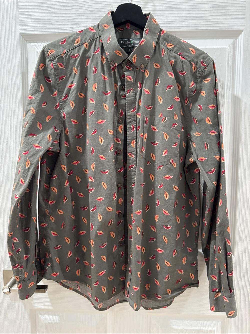 Paisley & Gray Olive Green Button-Down Shirt with Red & Orange Leaf Pattern